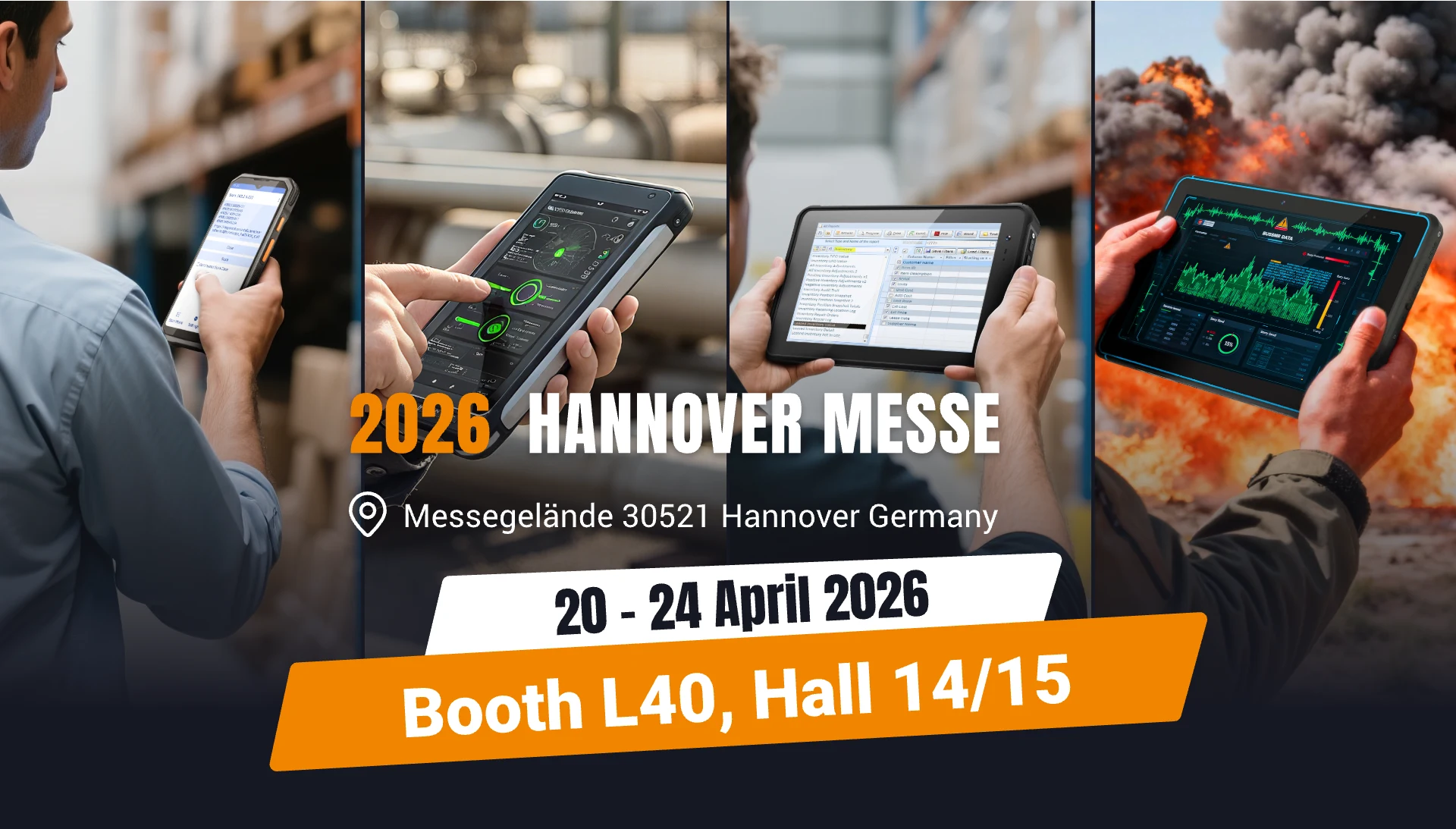 HUGEROCK tablettes industrielles et graphique d&rsquo;invitation Hannover Messe